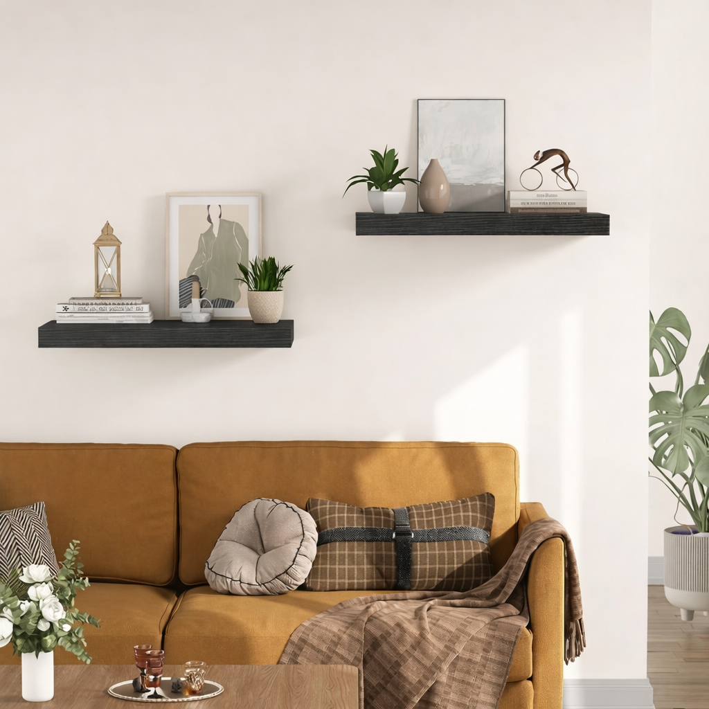 Set 2 etajere Plutitor Negru 40x20 cm – Textură Lemn Natural, Suport 15kg