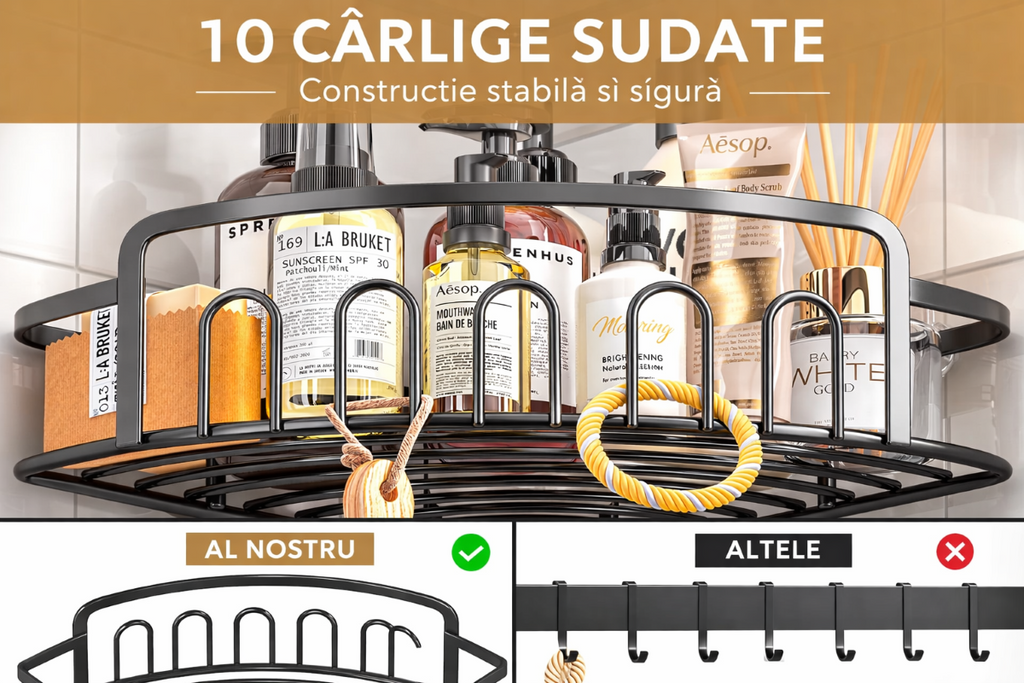 Set 2 Rafturi Colț Baie/Bucătărie, Montaj Autoadeziv Fără Găurire, 10 Cârlige