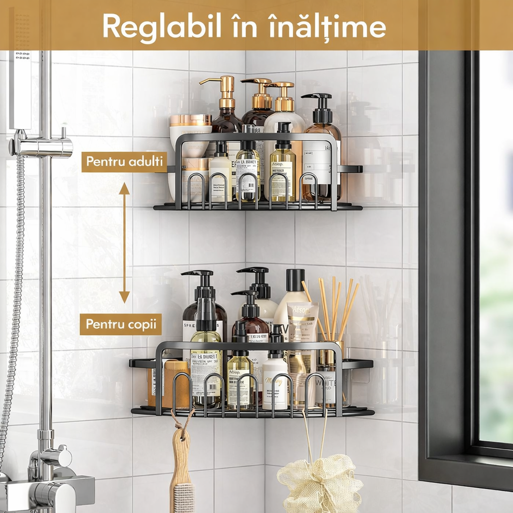 Set 2 Rafturi Colț Baie/Bucătărie, Montaj Autoadeziv Fără Găurire, 10 Cârlige