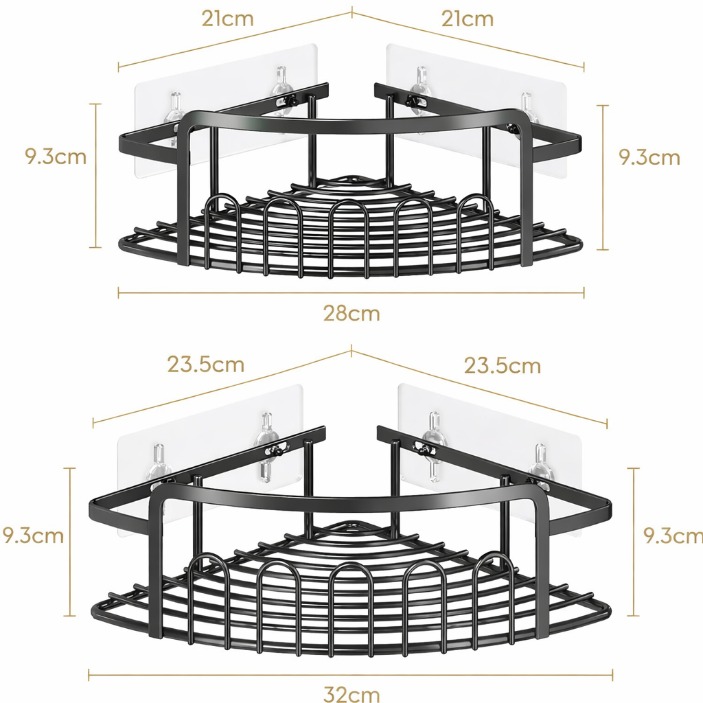 Set 2 Rafturi Colț Baie/Bucătărie, Montaj Autoadeziv Fără Găurire, 10 Cârlige