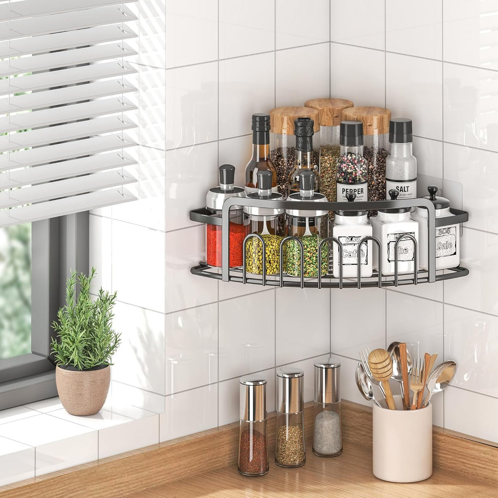 Set 2 Rafturi Colț Baie/Bucătărie, Montaj Autoadeziv Fără Găurire, 10 Cârlige