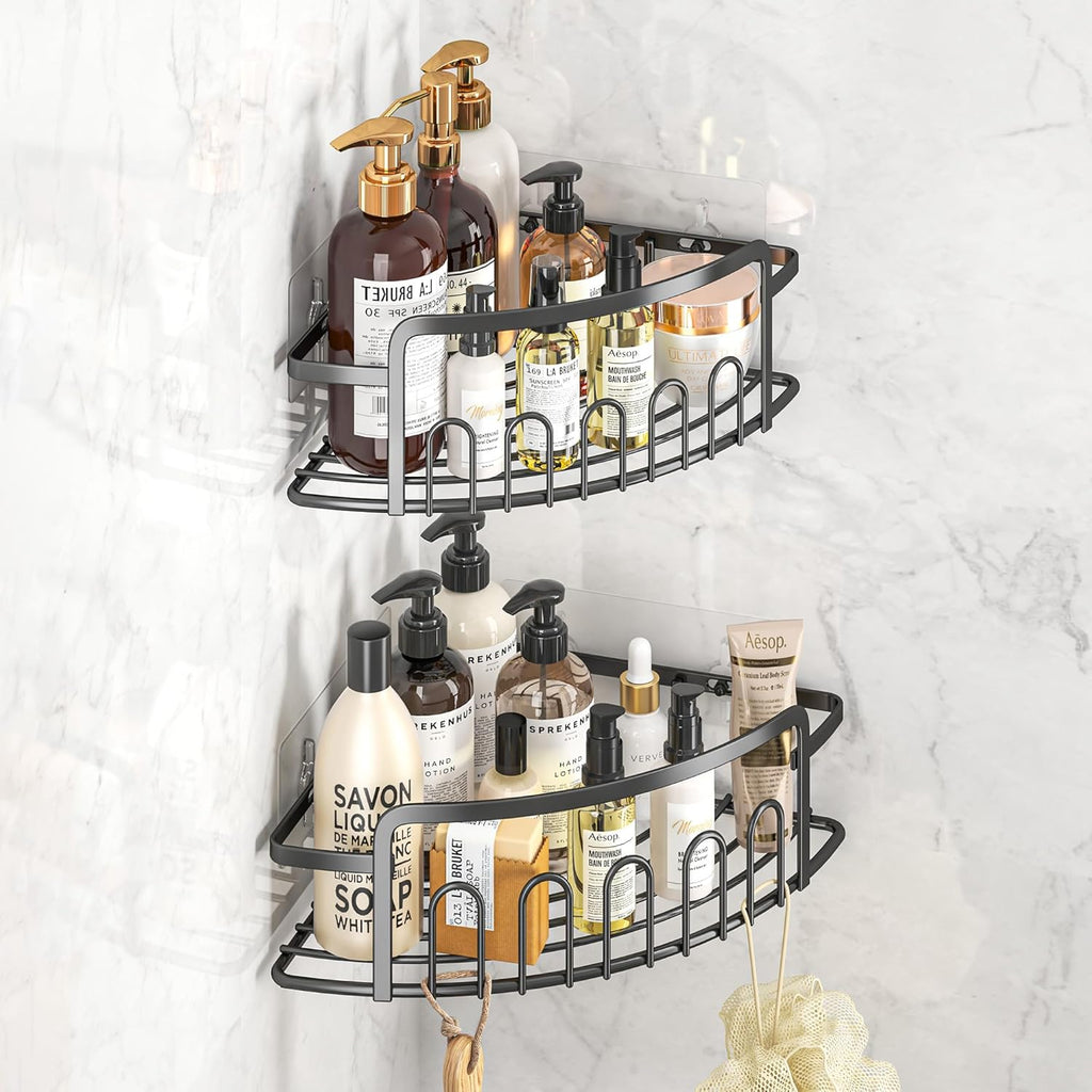 Set 2 Rafturi Colț Baie/Bucătărie, Montaj Autoadeziv Fără Găurire, 10 Cârlige