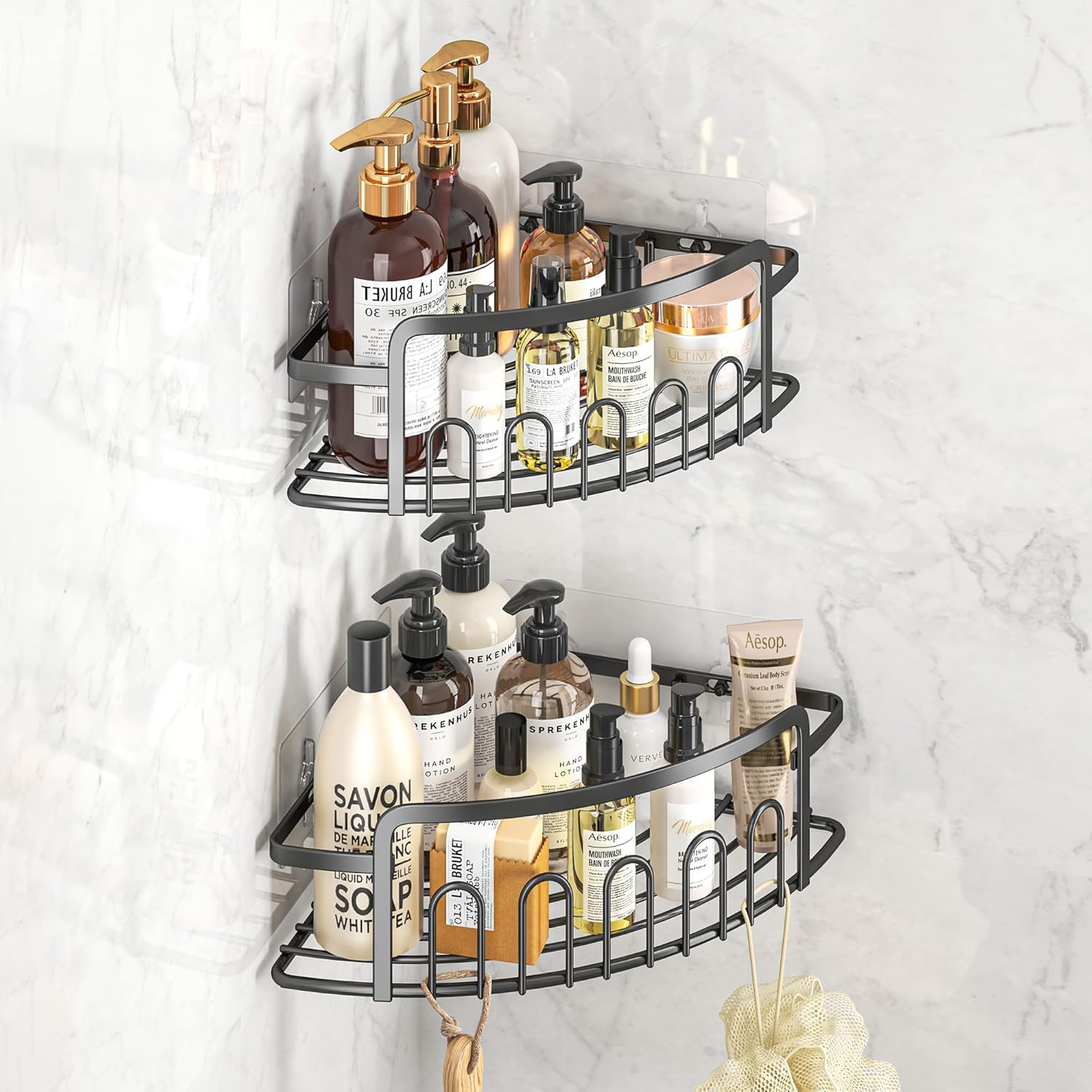 Set 2 Rafturi Colț Baie/Bucătărie, Montaj Autoadeziv Fără Găurire, 10 Cârlige