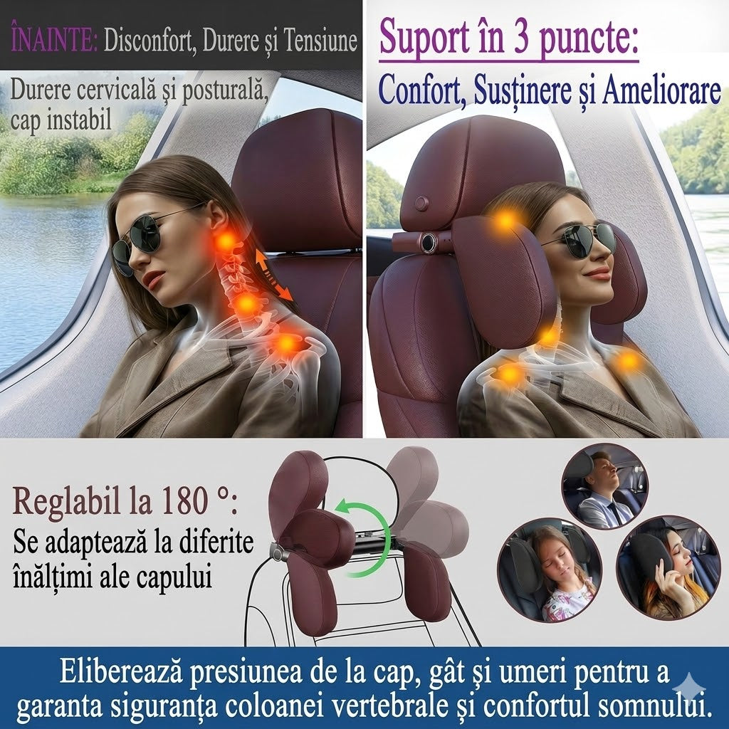 Suport de Gât Ergonomic uNIVERSAL  pentru Mașină, Pernă Tetieră Ajustabilă 180°
